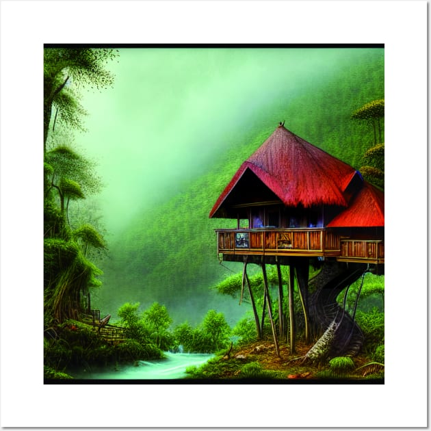 Digital Painting of a Beautiful Red cottage Tree House Near River Wall Art by Promen Art